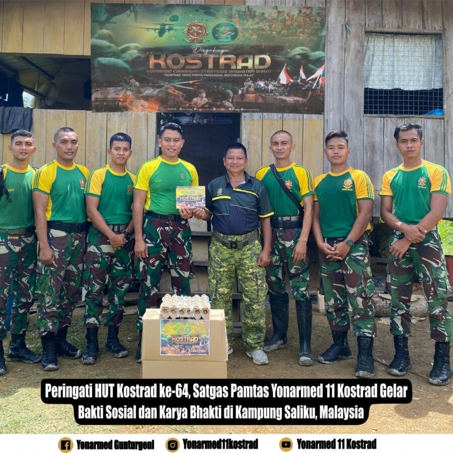 Peringati HUT Kostrad ke-64, Satgas Pamtas Yonarmed 11 Kostrad Gelar Bakti Sosial dan Karya Bhakti di Kampung Saliku, Malaysia