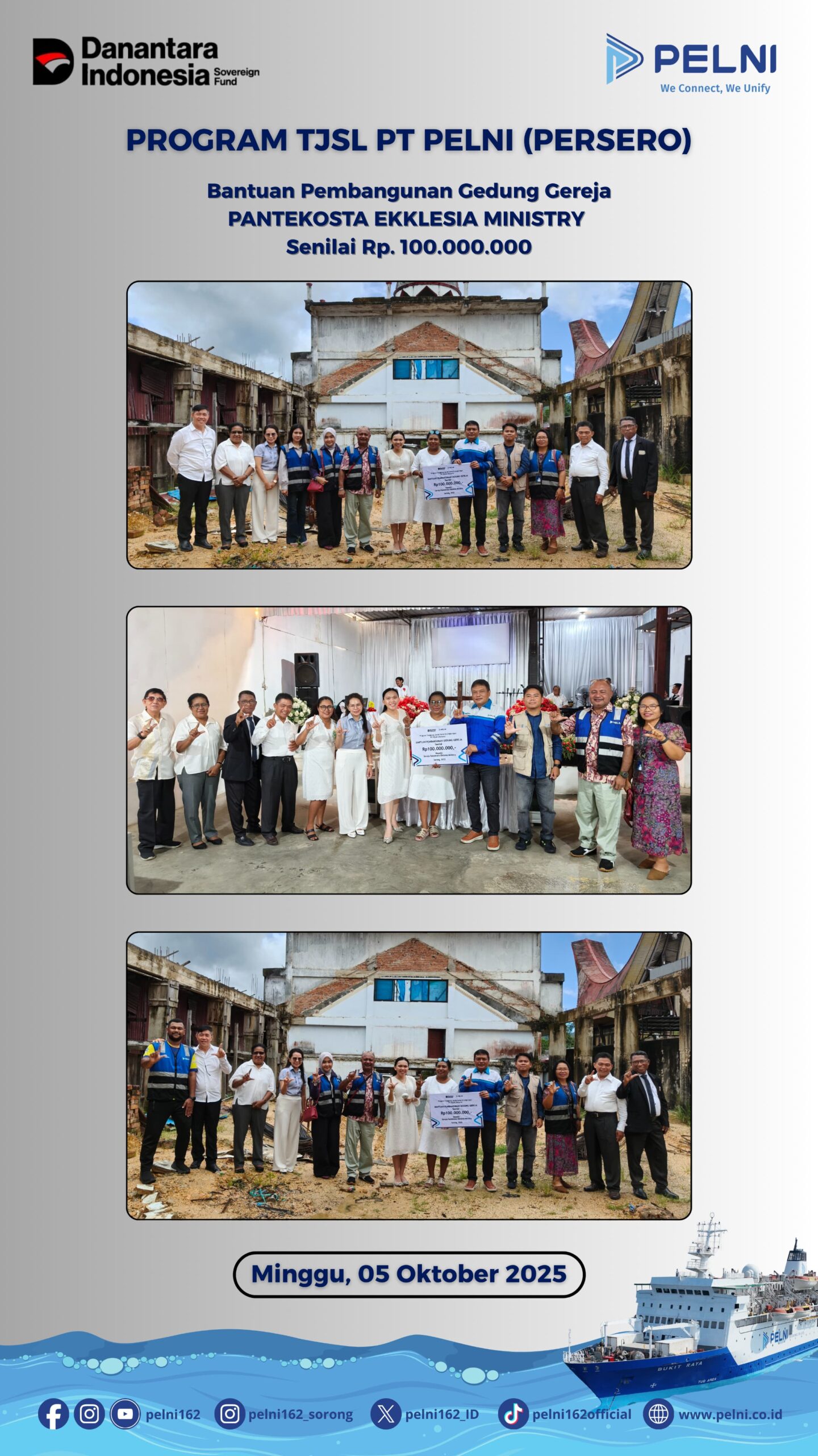 Pelni Sorong Serahkan Bantuan Rp100 Juta untuk Pembangunan Gereja Pantekosta
